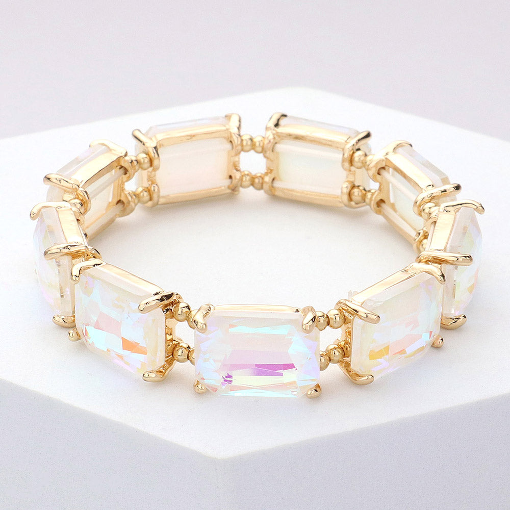 White AB Emerald Cut Stone Stretch Pageant Bracelet | Stretch Prom Bracelet