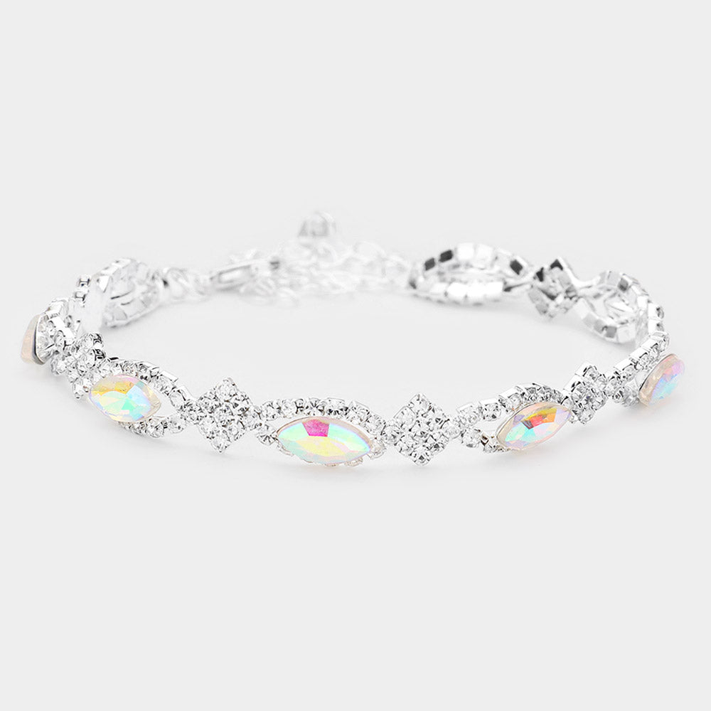 AB on Silver Rhinestone Slim Pageant Bracelet | Prom Jewelry