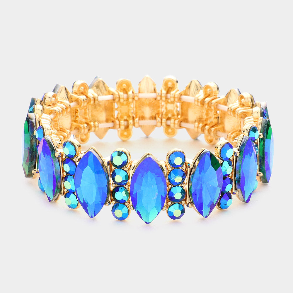 Blue AB Marquise Stone Accented Stretch Pageant Bracelet | Prom Bracelet