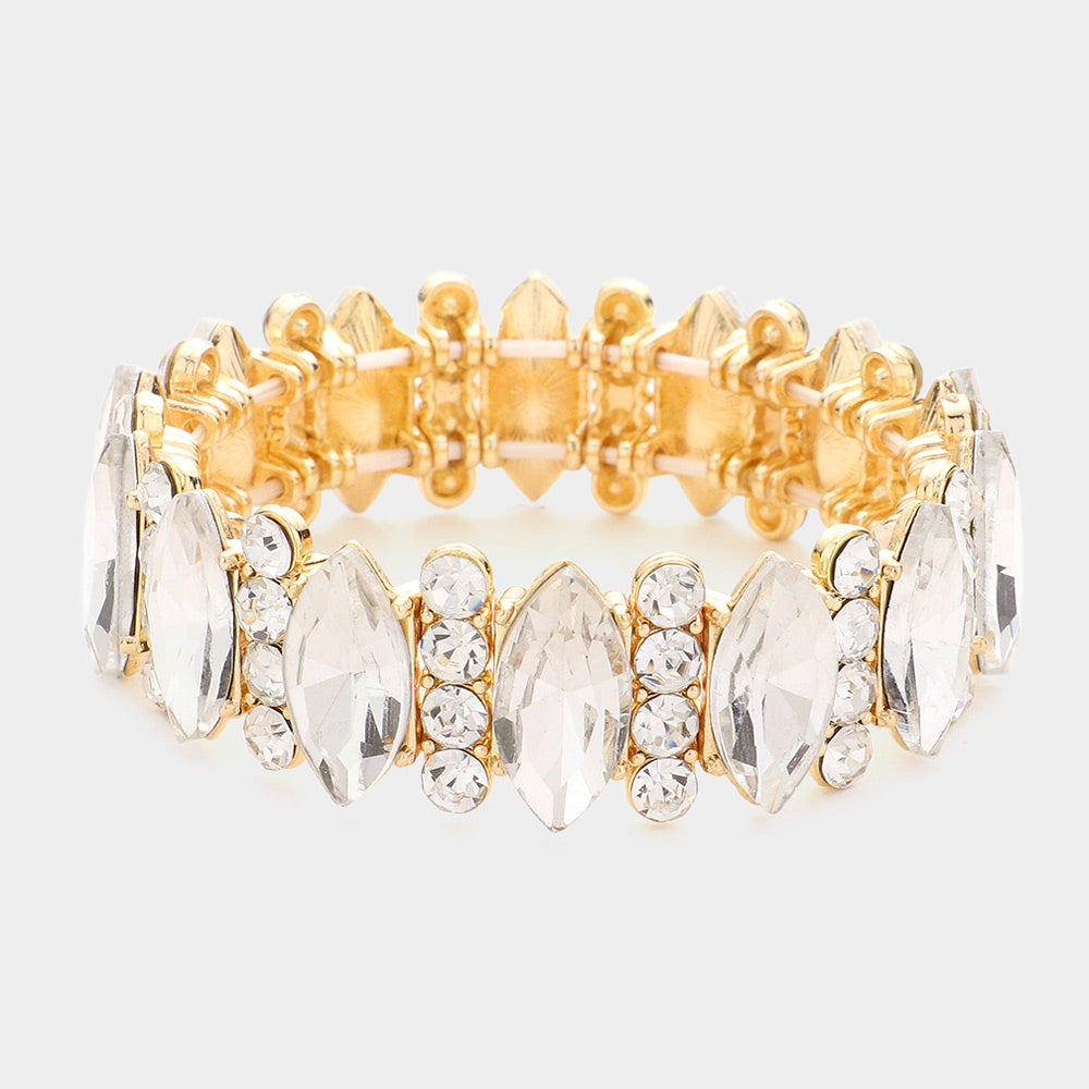 Clear Marquise Stone Accented Stretch Pageant Bracelet on Gold | Prom Bracelet