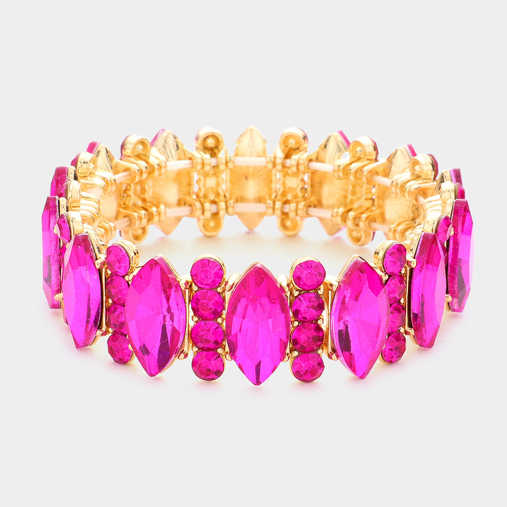 Fuchsia Marquise Stone Accented Stretch Pageant Bracelet | Prom Bracelet