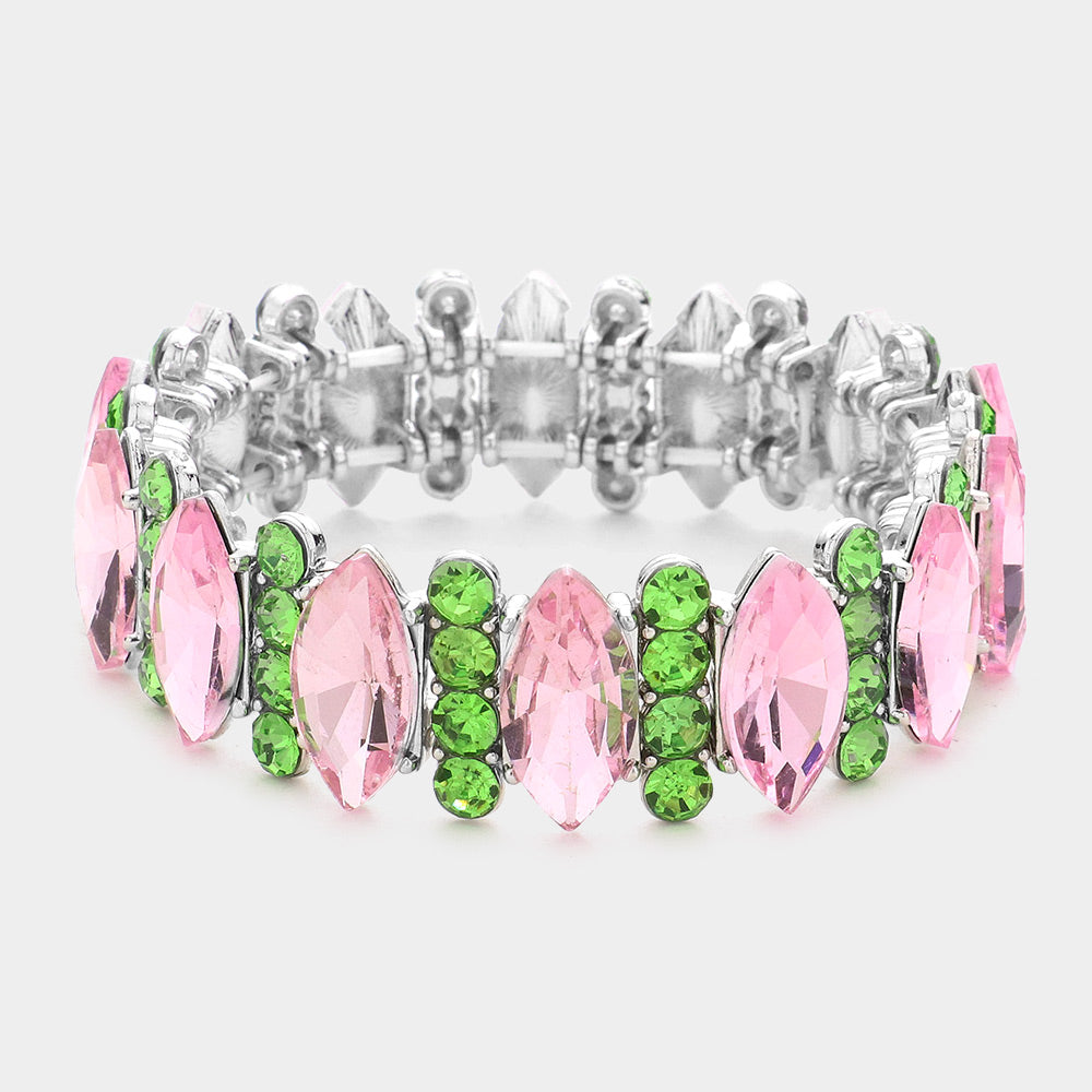 Pink & Green Marquise Stone Accented Stretch Pageant Bracelet | Prom Bracelet