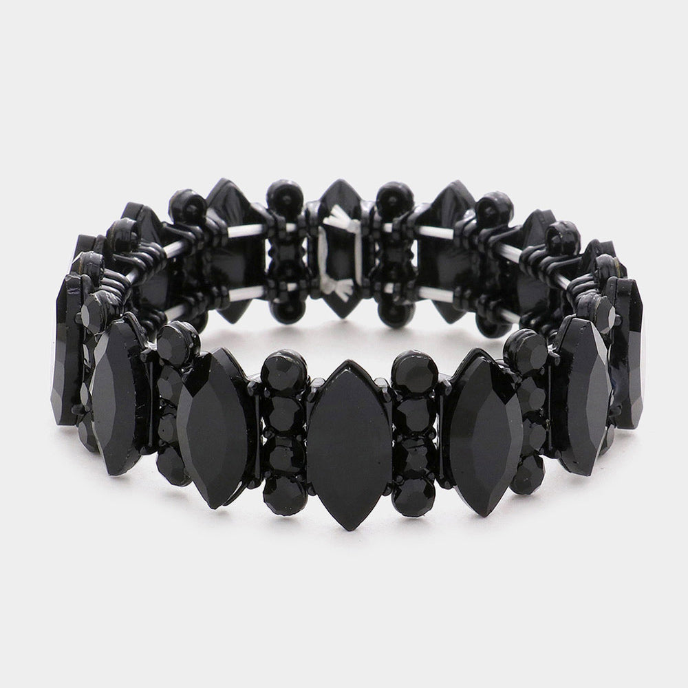 Jet Black Marquise Stone Accented Stretch Pageant Bracelet | Prom Bracelet