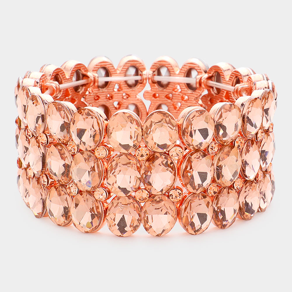 Wide Peach Three Row Crystal Oval Stone Stretch Bracelet | Big Chunky Bracelet