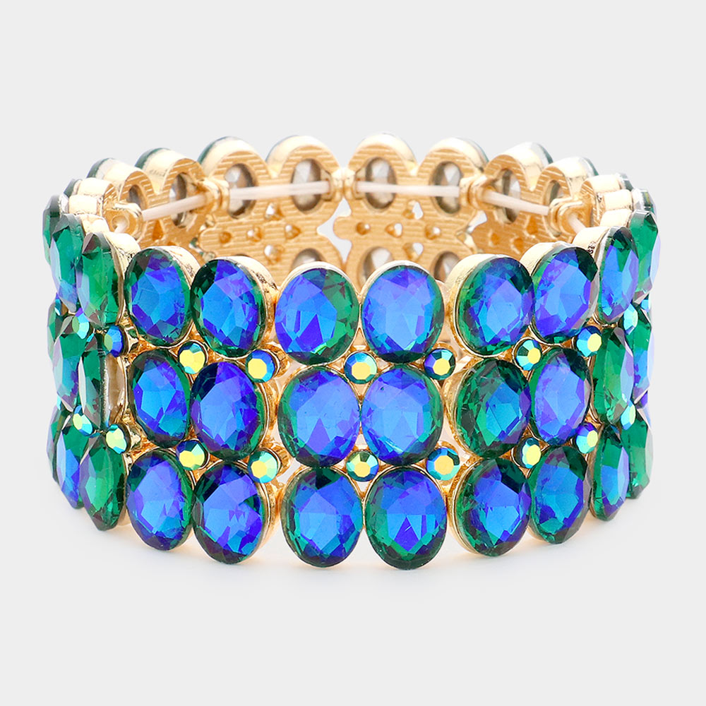 Wide Blue AB Three Row Crystal Oval Stone Stretch Bracelet | Big Chunky Bracelet