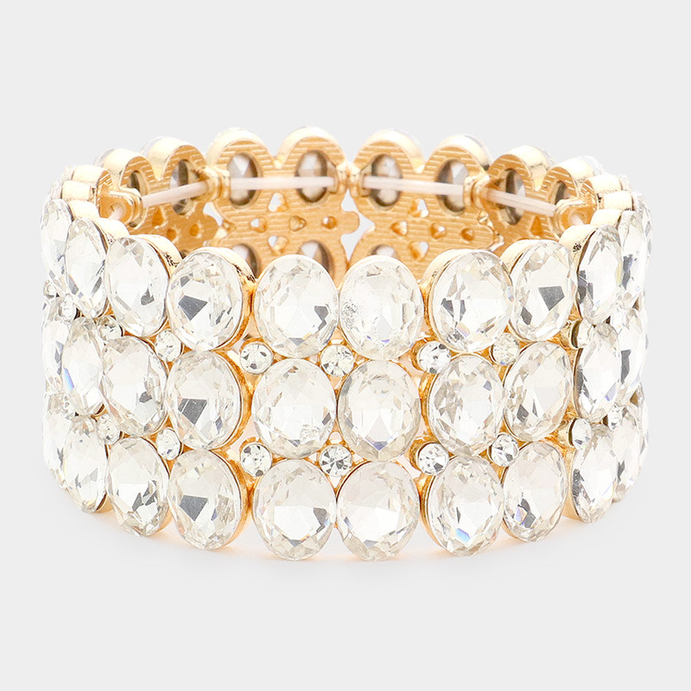 Wide Clear Three Row Crystal Oval Stone Stretch Bracelet on Gold | Big Chunky Bracelet