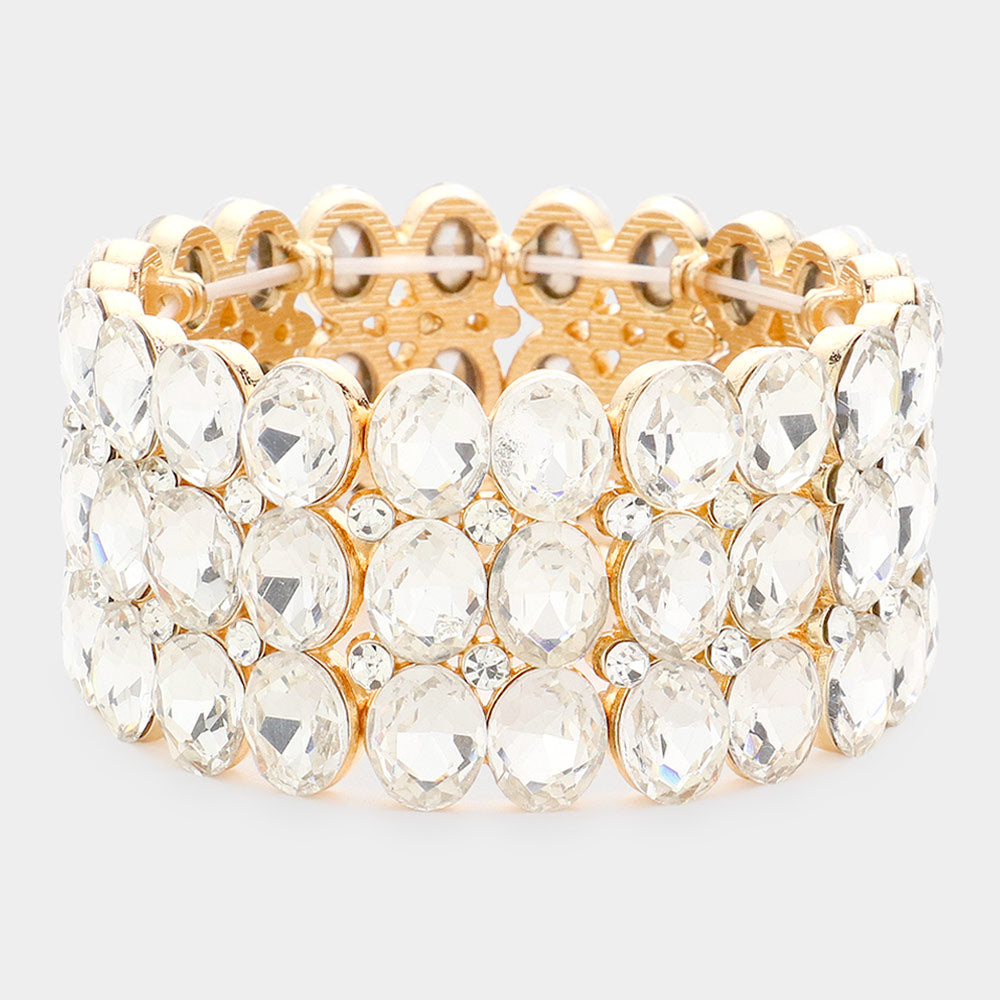 Wide Clear Three Row Crystal Oval Stone Stretch Bracelet on Gold | Big Chunky Bracelet