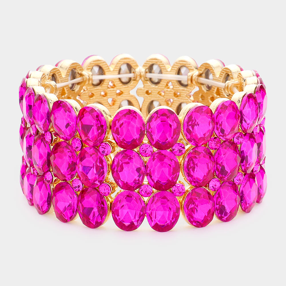 Wide Fuchsia Three Row Crystal Oval Stone Stretch Bracelet | Big Chunky Bracelet