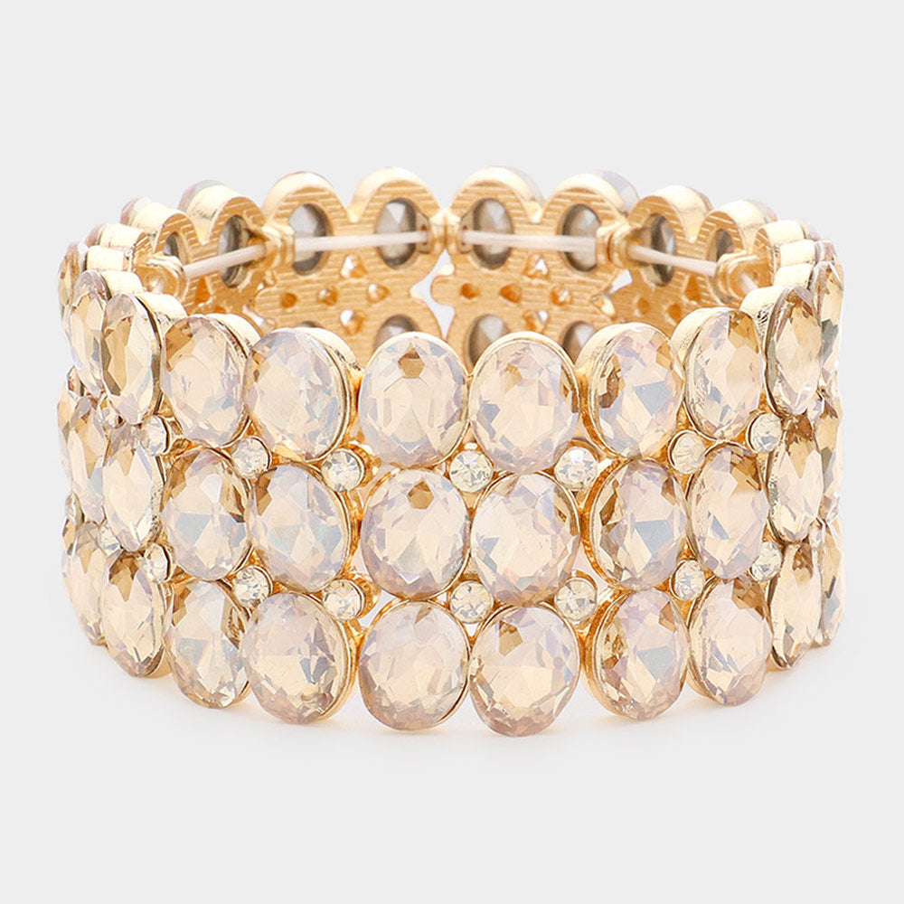 Wide Light Topaz Three Row Crystal Oval Stone Stretch Bracelet | Big Chunky Bracelet