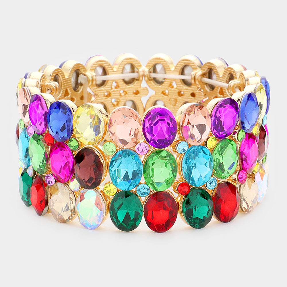 Wide Multi-Color Three Row Crystal Oval Stone Stretch Bracelet | Big Chunky Bracelet
