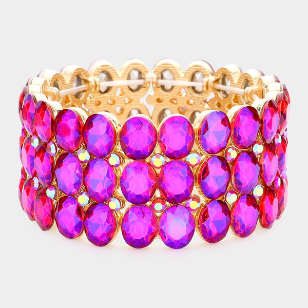 Wide Purple Three Row Crystal Oval Stone Stretch Bracelet Big Chunky Bracelet L M Bling lmbling