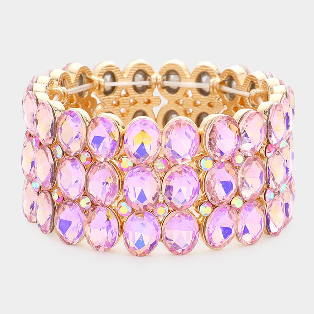 Wide Pink Three Row Crystal Oval Stone Stretch Bracelet | Big Chunky Bracelet