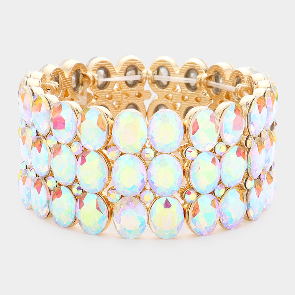 Wide AB Three Row Crystal Oval Stone Stretch Bracelet on Gold | Big Chunky Bracelet