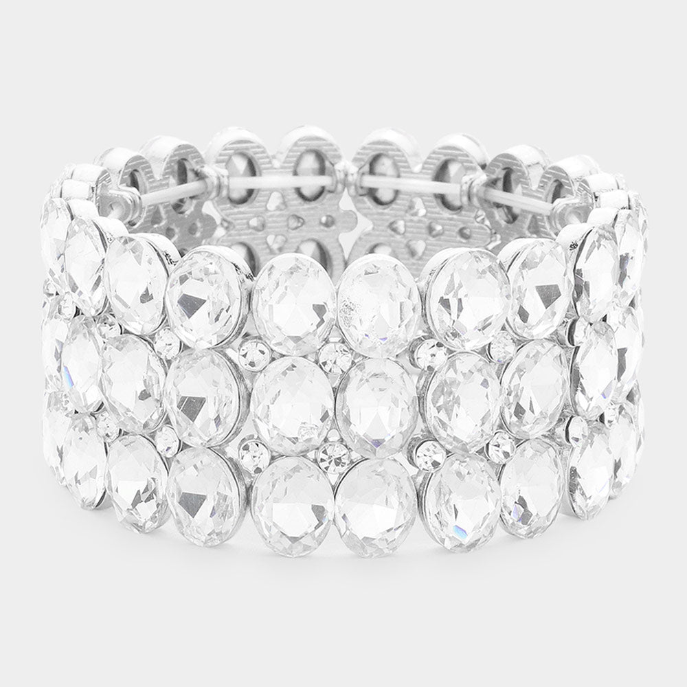 Wide Clear Three Row Crystal Oval Stone Stretch Bracelet
