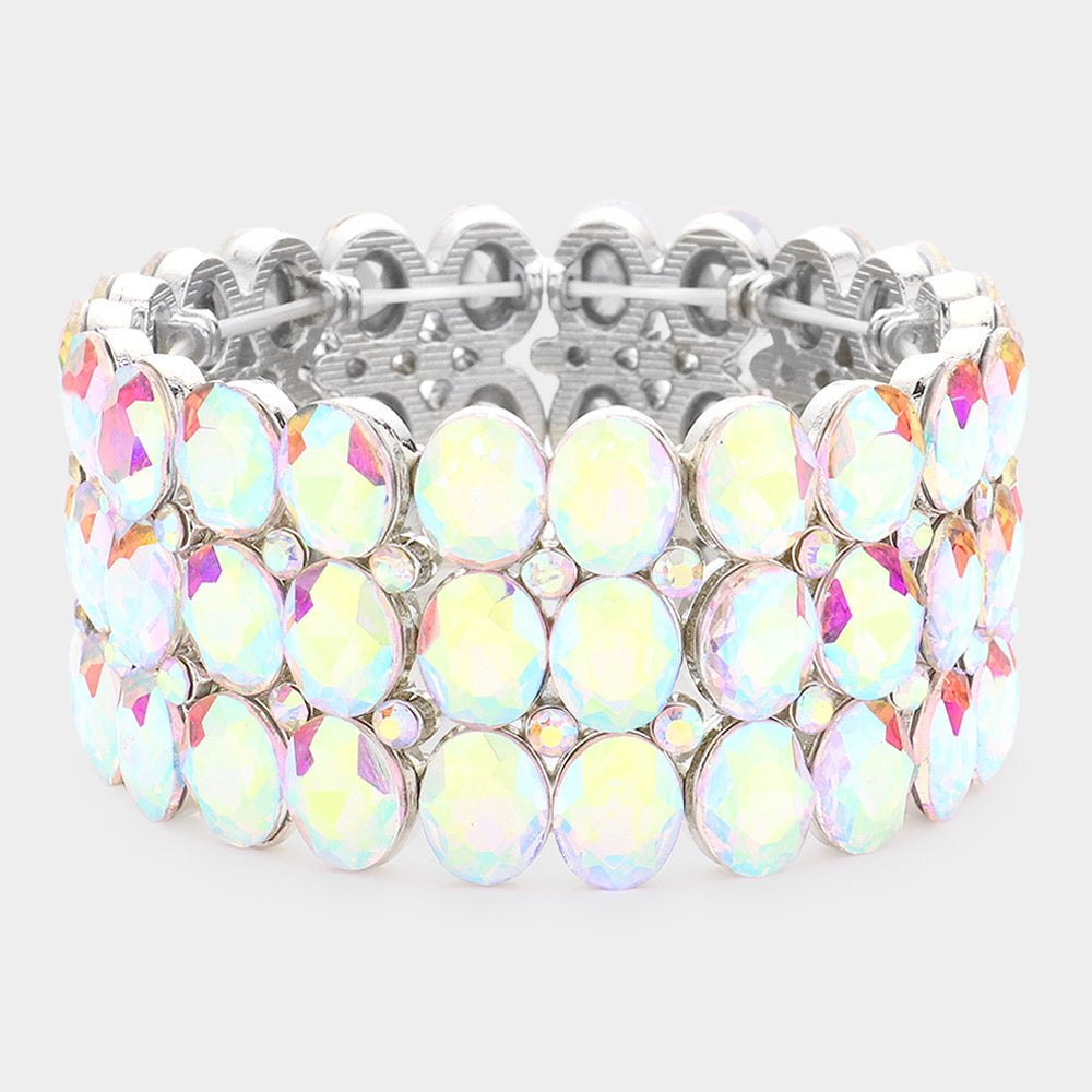 Wide AB Three Row Crystal Oval Stone Stretch Bracelet  | Big Chunky Bracelet