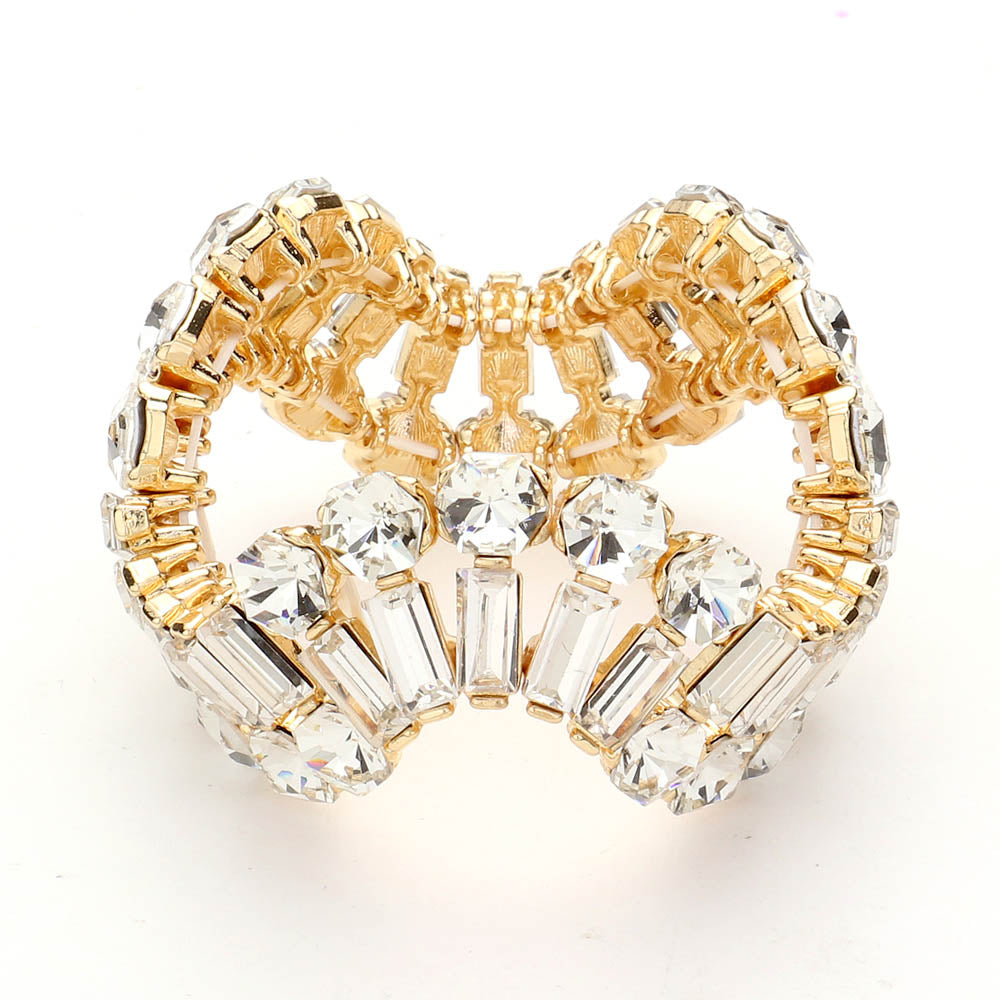 Round and Emerald Cut Clear Crystal Wavy Stretch Pageant Bracelet on Gold  | Prom Jewelry 