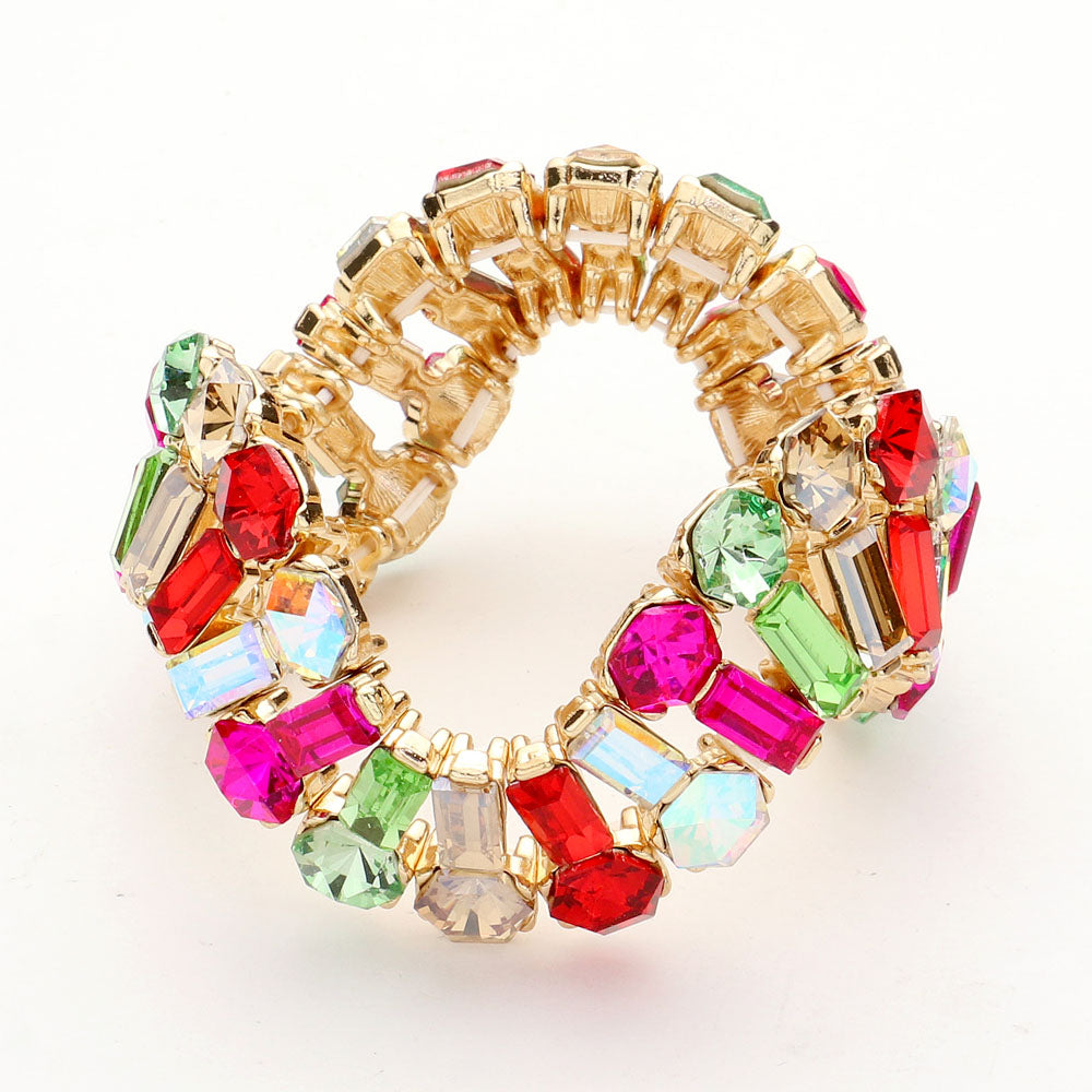 Round and Emerald Cut Multi-Color Crystal Wavy Stretch Pageant Bracelet  | Prom Jewelry
