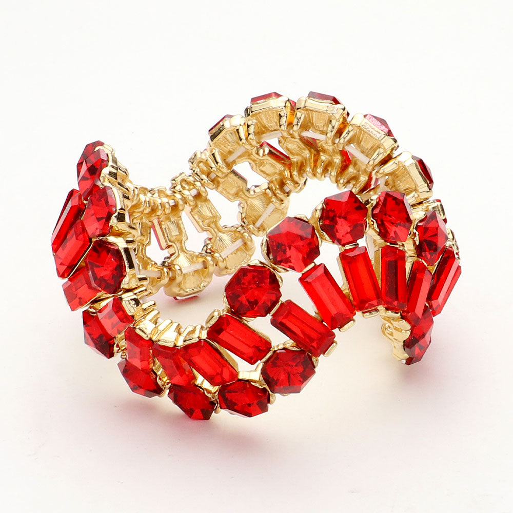 Round and Emerald Cut Red Crystal Wavy Stretch Pageant Bracelet | Prom Jewelry