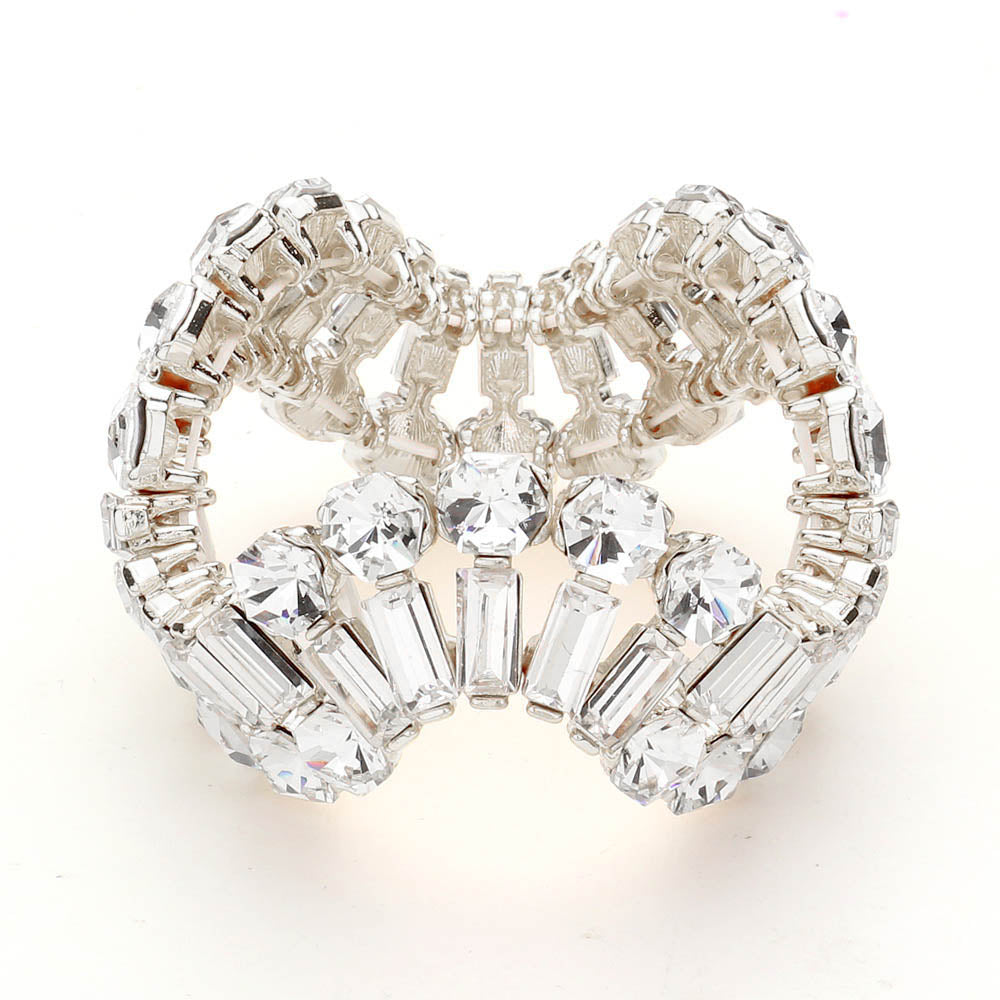 Round and Emerald Cut Clear Crystal Wavy Stretch Pageant Bracelet on Silver | Prom Jewelry