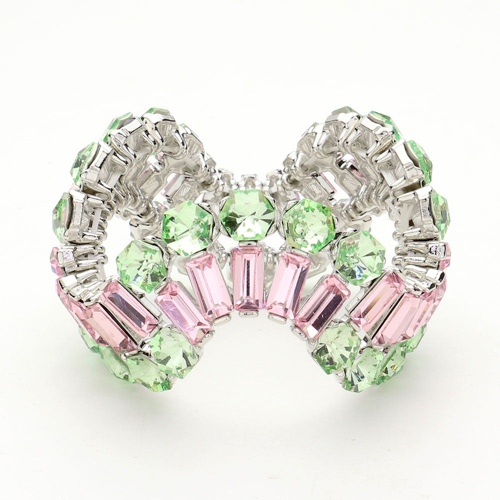 Round and Emerald Cut Pink & Green Crystal Wavy Stretch Pageant Bracelet  | Prom Jewelry