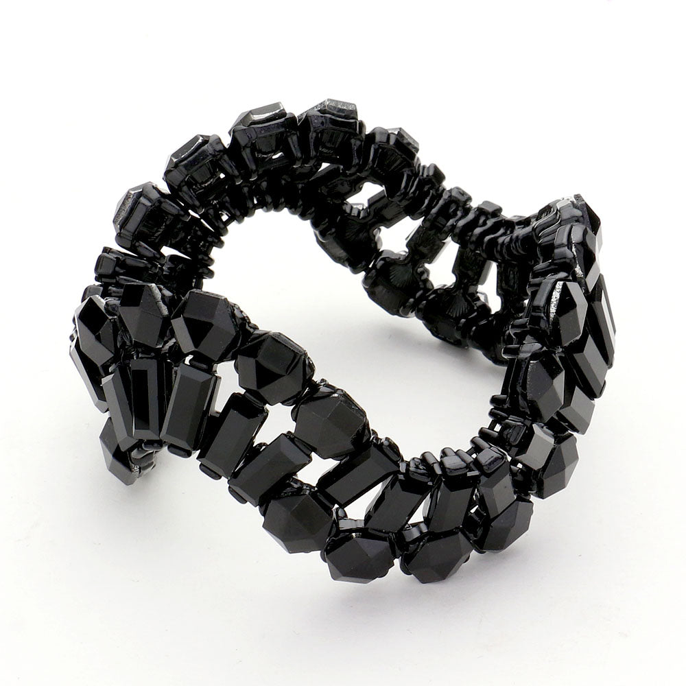 Round and Emerald Cut Black Crystal Wavy Stretch Pageant Bracelet  | Prom Jewelry