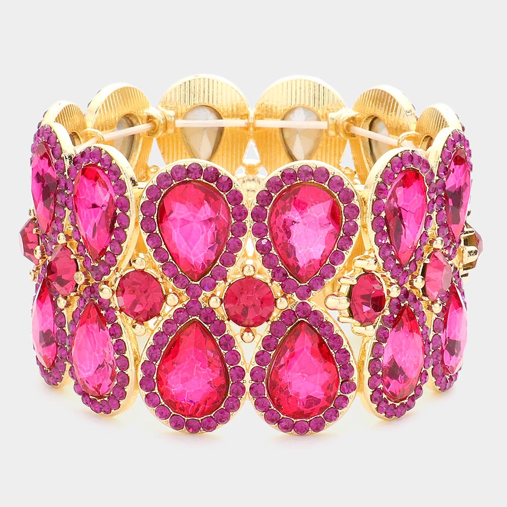 Double Teardrop Fuchsia Crystal Rhinestone Stretch Bracelet