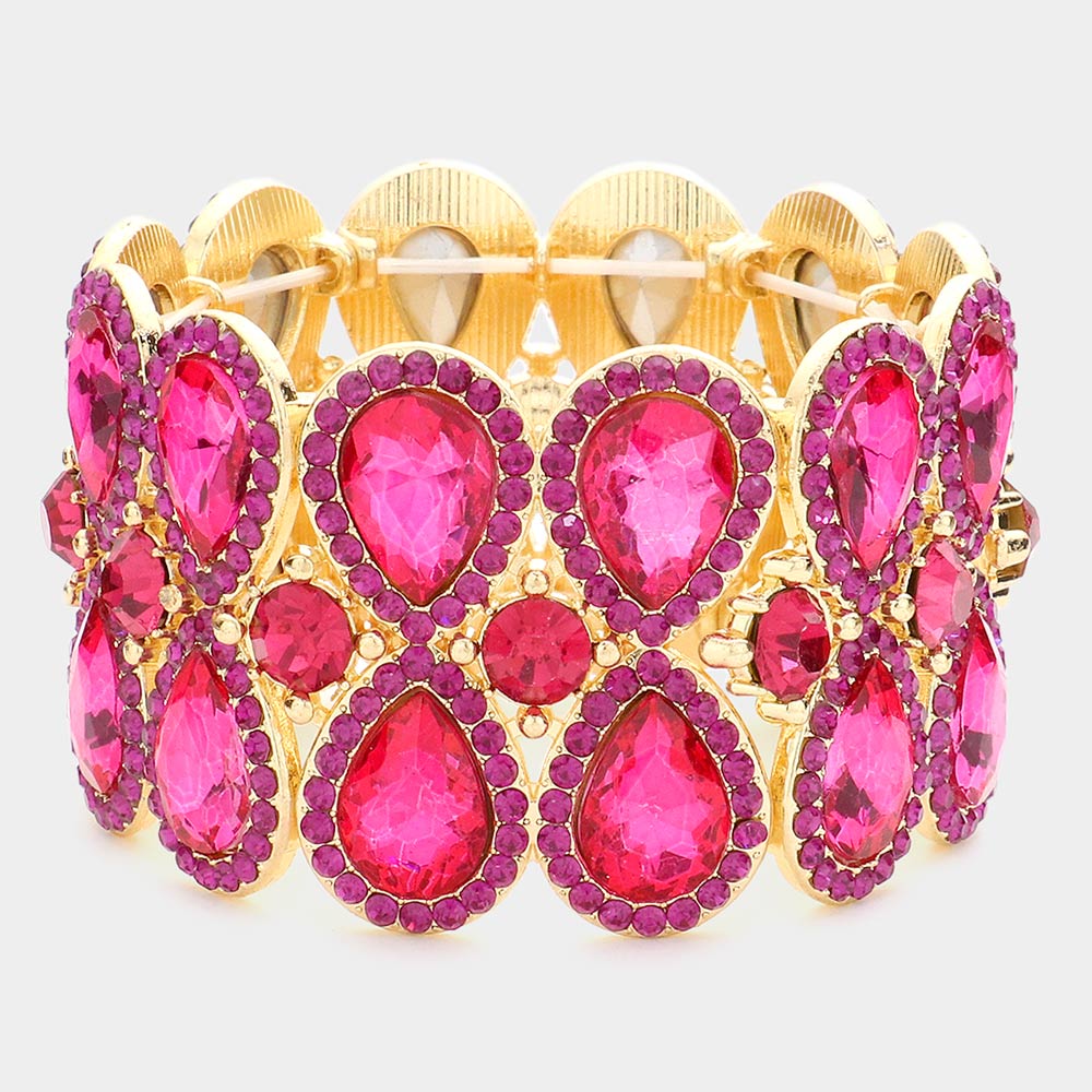 Double Teardrop Fuchsia Crystal Rhinestone Stretch Bracelet