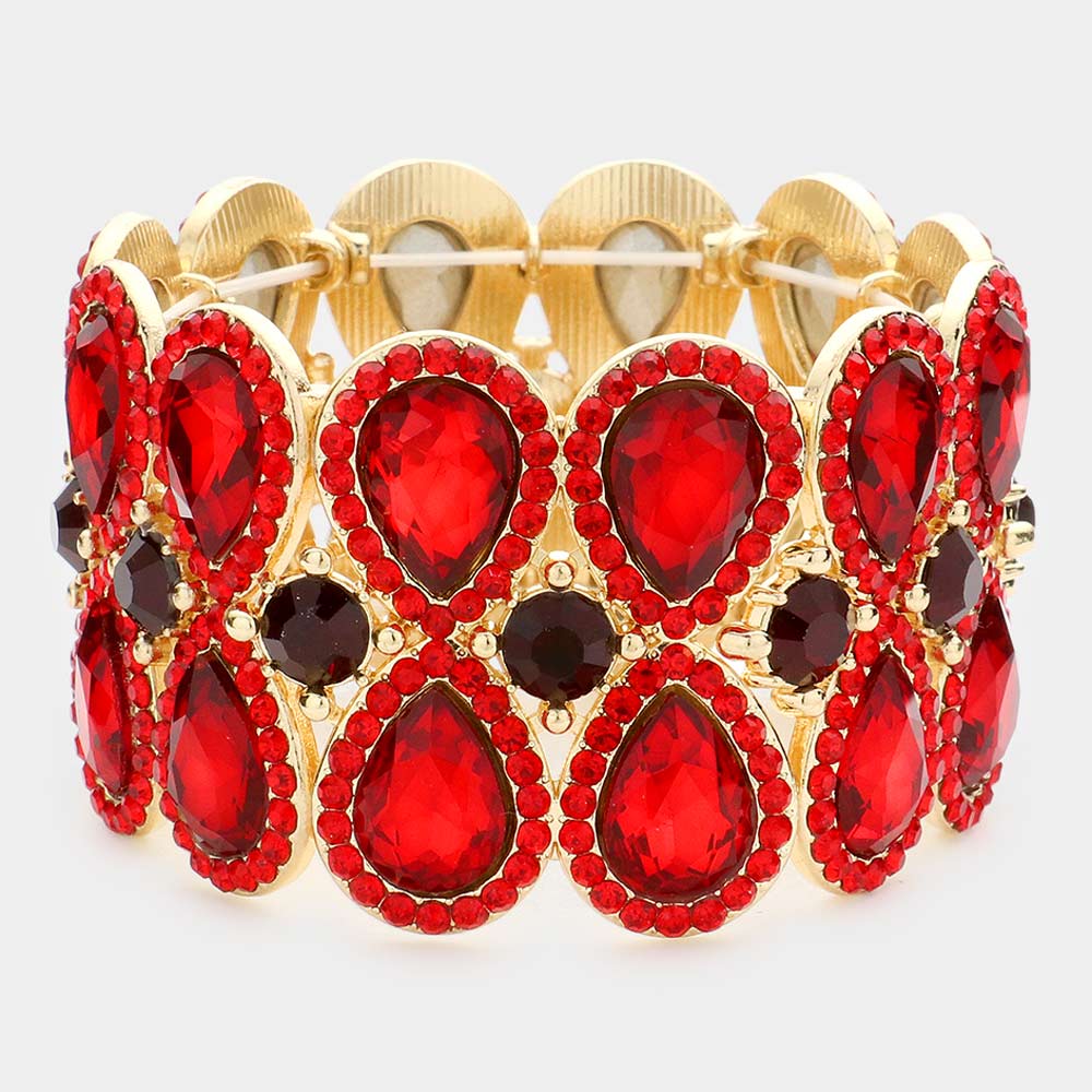 Double Teardrop Dark Red Crystal Rhinestone Stretch Bracelet