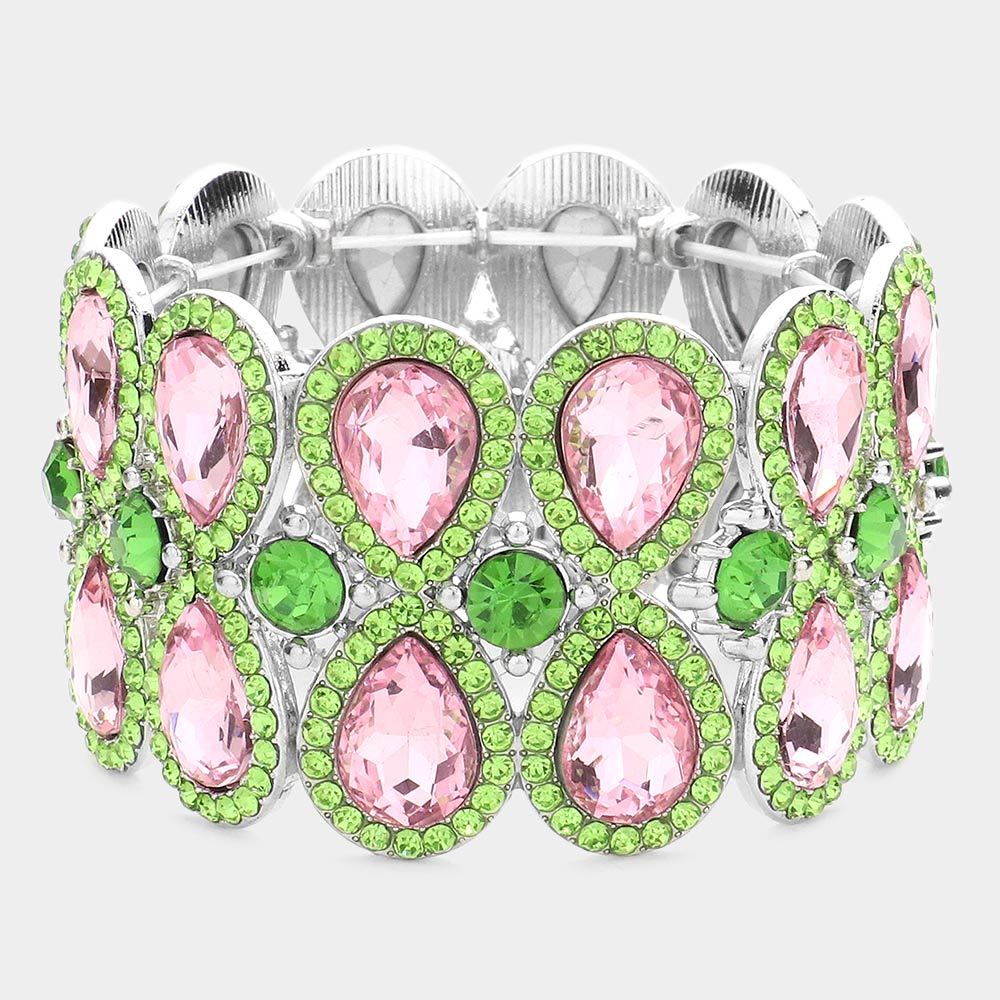 Double Teardrop Pink & Green Crystal Rhinestone Stretch Bracelet