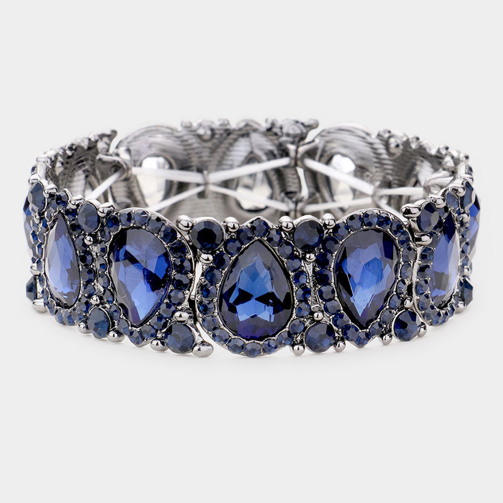 Slim Navy Crystal Pear and Rhinestone Stretch Bracelet  | Pageant Jewelry