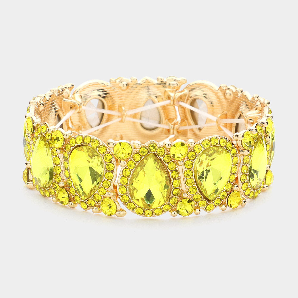 Slim Yellow Crystal Pear and Rhinestone Stretch Bracelet on Gold | Pageant Jewelry