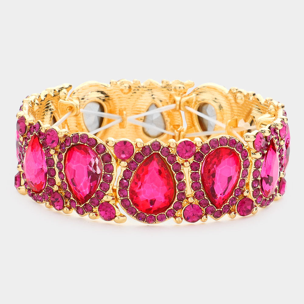 Slim Fuchsia Crystal Pear and Rhinestone Stretch Bracelet on Gold  | Pageant Jewelry