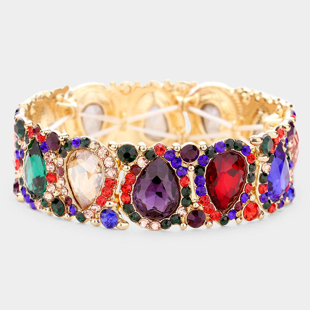 Slim Multi-Color Crystal Pear and Rhinestone Stretch Bracelet   | Pageant Jewelry