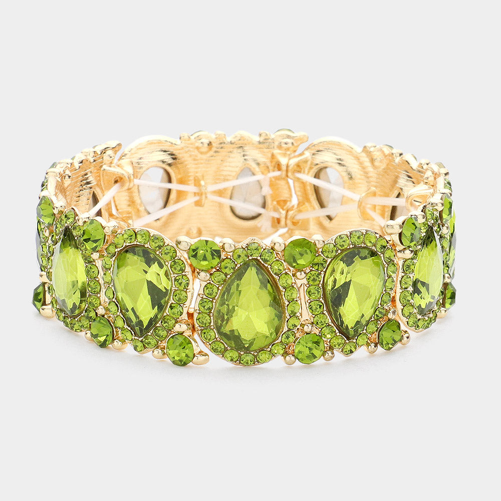 Slim Olive Green Crystal Pear and Rhinestone Stretch Bracelet on Gold | Pageant Jewelry