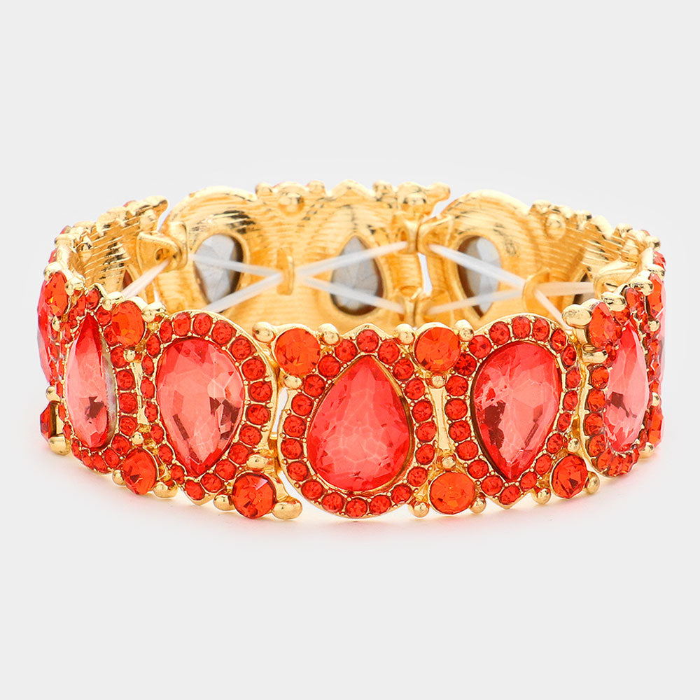 Slim Orange Crystal Pear and Rhinestone Stretch Bracelet on Gold  | Pageant Jewelry