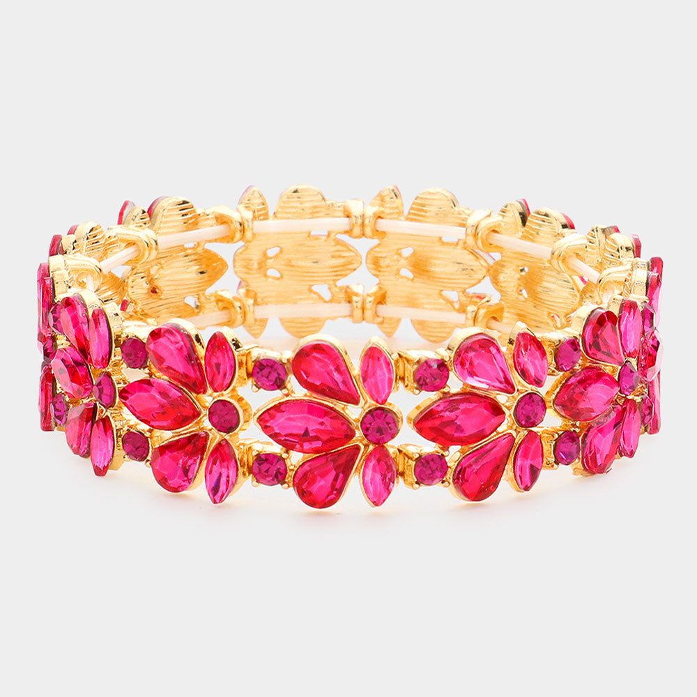 Fuchsia Crystal Flower Stretch Pageant Bracelet  | Prom Bracelet