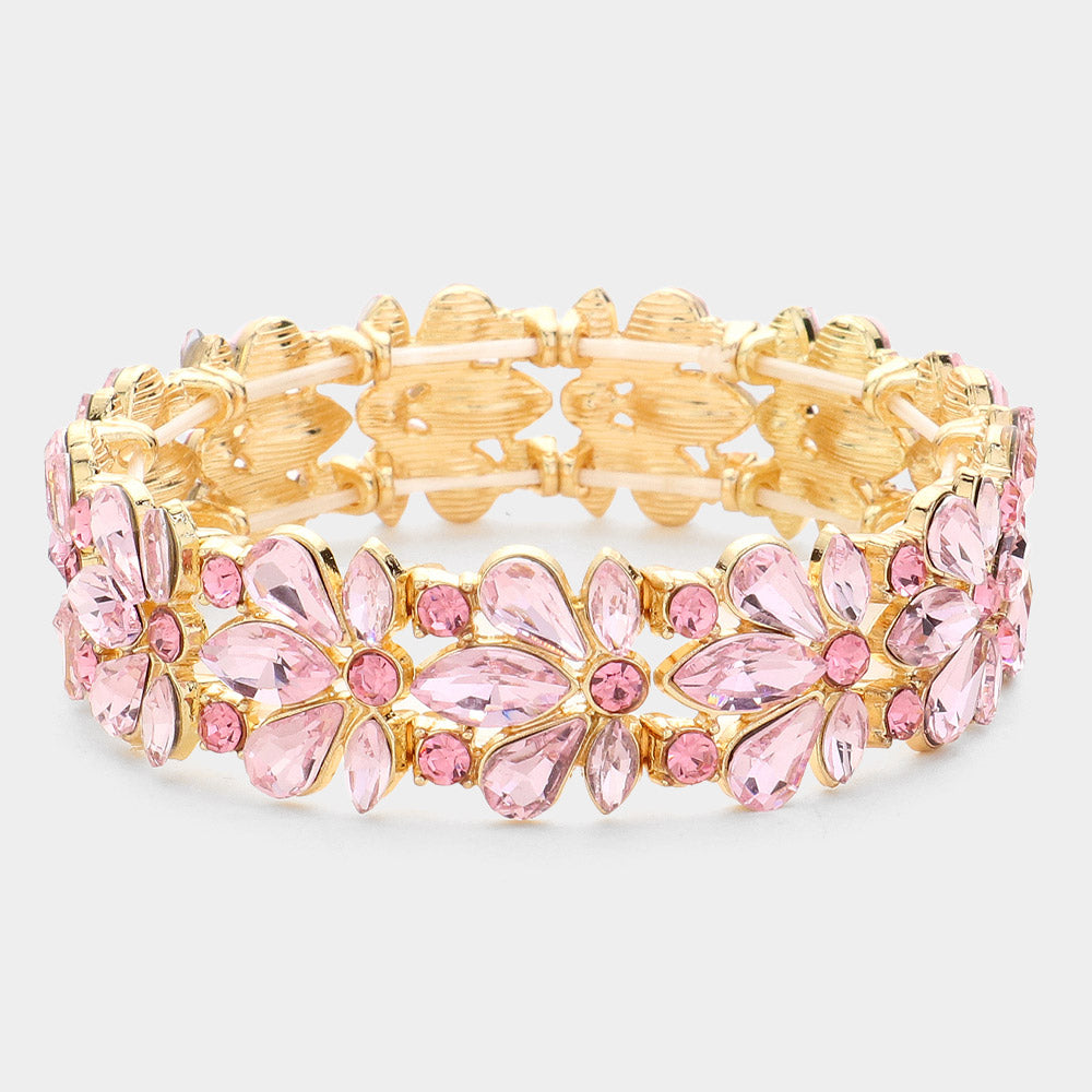 Pink Crystal Flower Stretch Pageant Bracelet  | Prom Bracelet