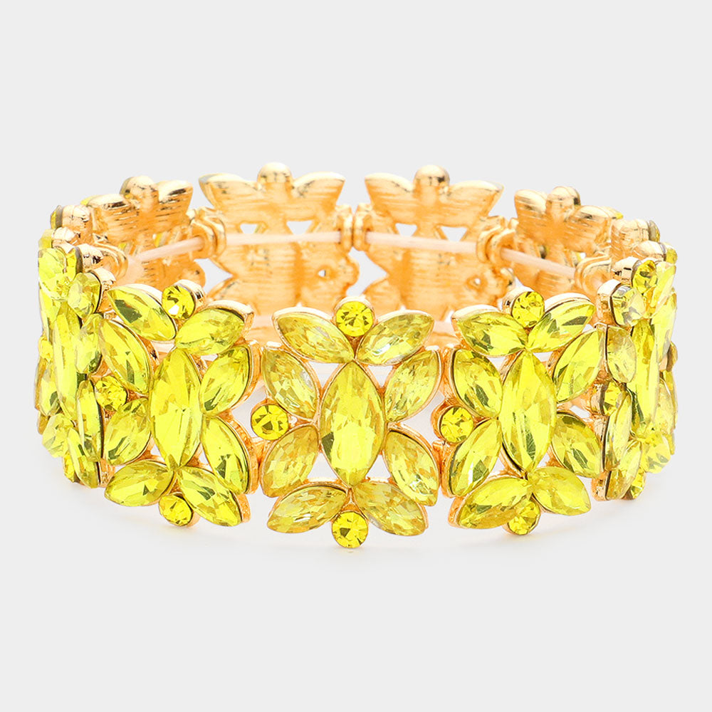 Yellow Crystal Floral Pageant Stretch Bracelet | Prom Bracelet