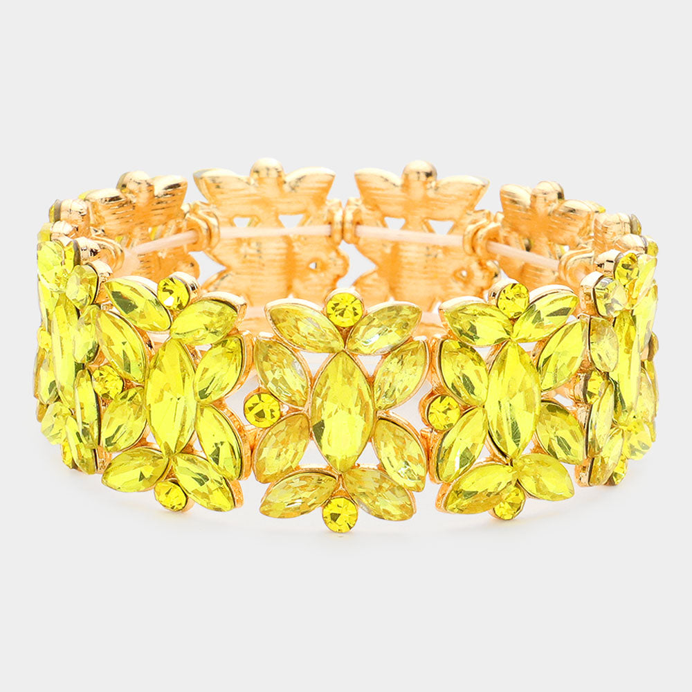 Yellow Crystal Floral Pageant Stretch Bracelet | Prom Bracelet