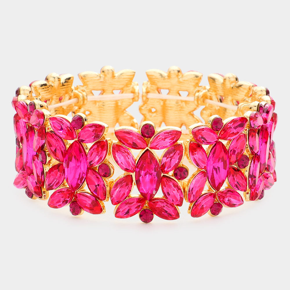 Fuchsia Crystal Floral Pageant Stretch Bracelet | Prom Bracelet