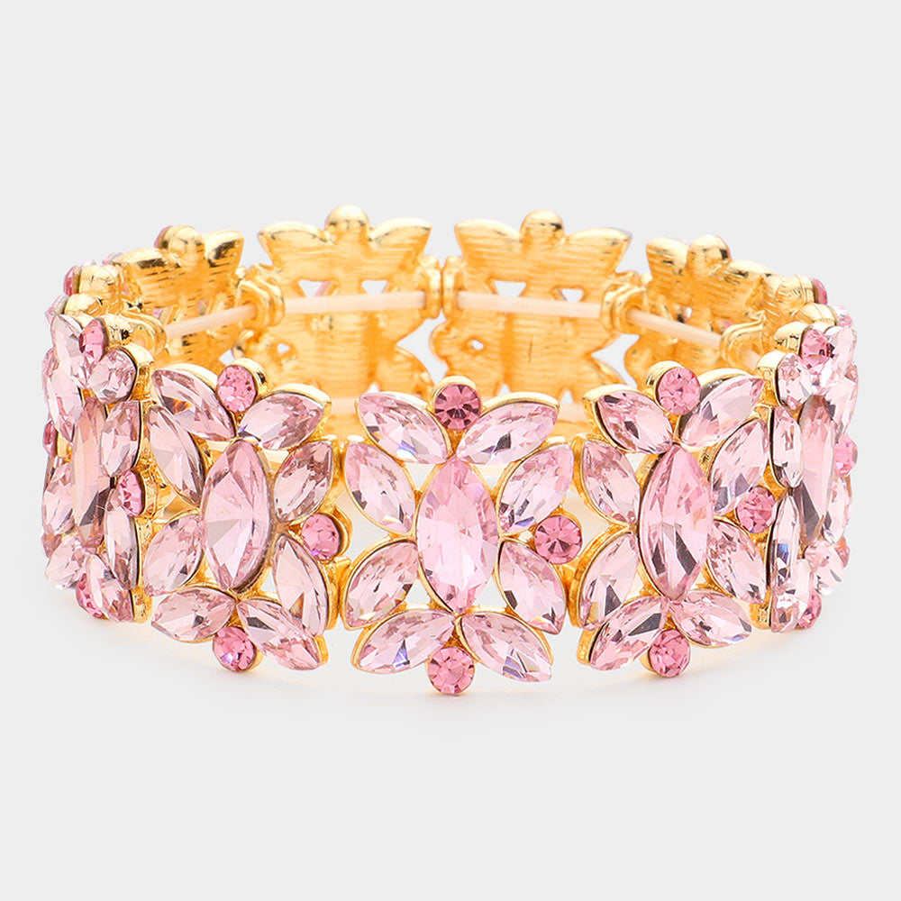 Light Pink Crystal Floral Pageant Stretch Bracelet | Prom Bracelet