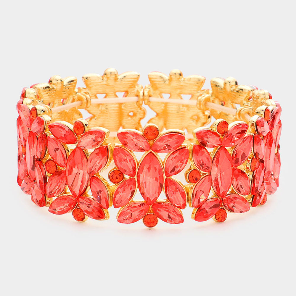 Orange Crystal Floral Pageant Stretch Bracelet | Prom Bracelet