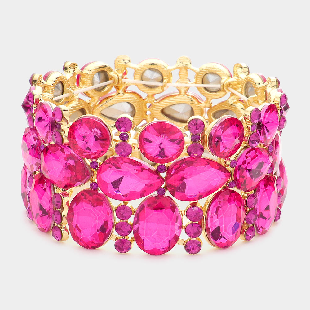 Wide Fuchsia Crystal Multi Cluster Stone Pageant Bracelet  | Prom Bracelet