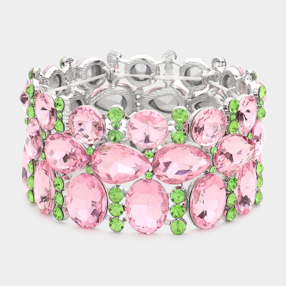 Wide Pink & Green Crystal Multi Cluster Stone Pageant Bracelet   | Prom Bracelet