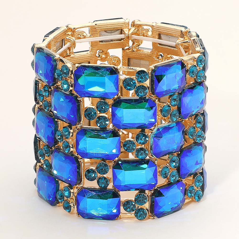 Large Blue AB Emerald Cut Crystal Stretch Bracelet on Gold | Pageant Bracelet | 660849