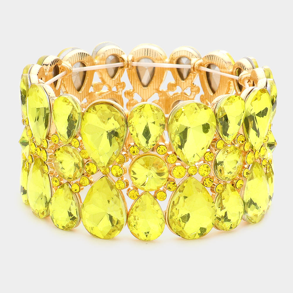 Yellow Crystal Teardrop Surround Stretch Pageant Bracelet | Prom Jewelry