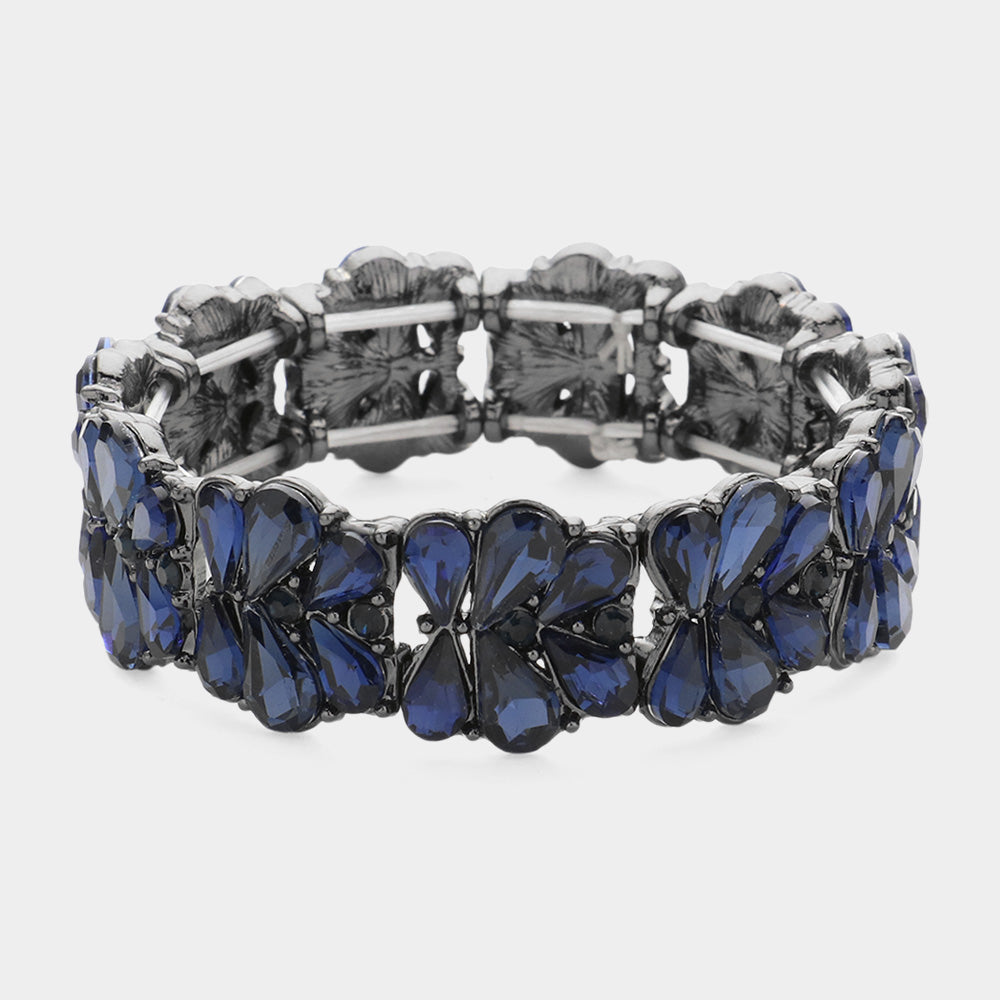 Navy Crystal Teardrop Cluster Stretch Pageant Bracelet | Prom Bracelet