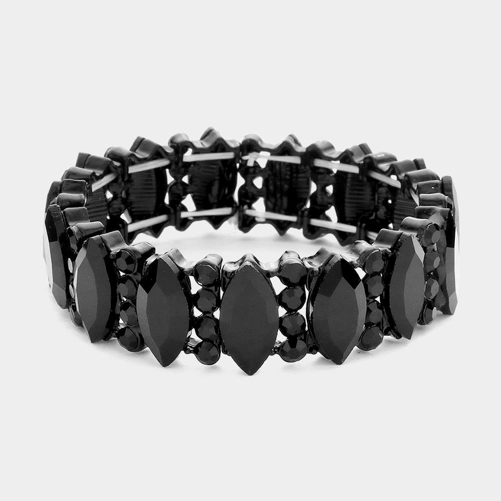 Black Marquise Stone with Rhinestone Accents Stretch Pageant Bracelet | Prom Jewelry