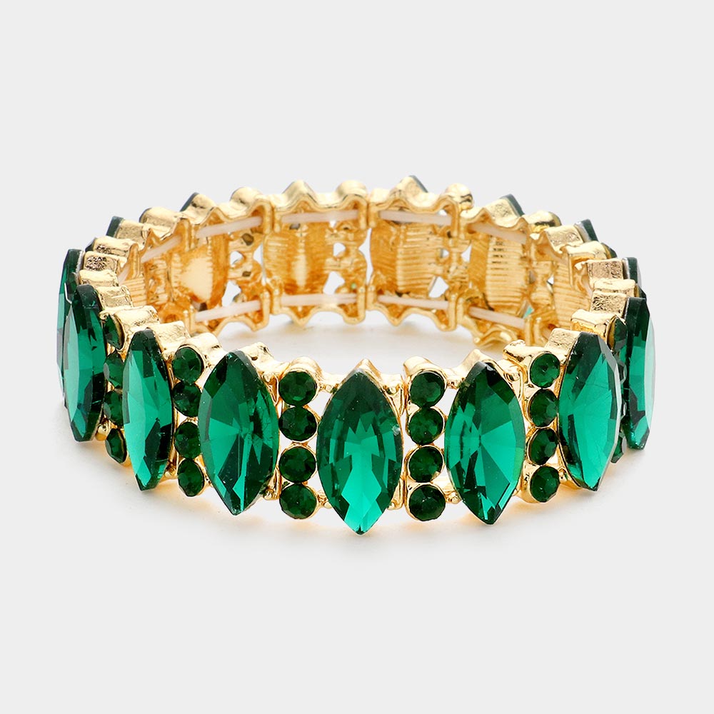 Emerald Marquise Stone with Rhinestone Accents Stretch Pageant Bracelet  | Prom Jewelry