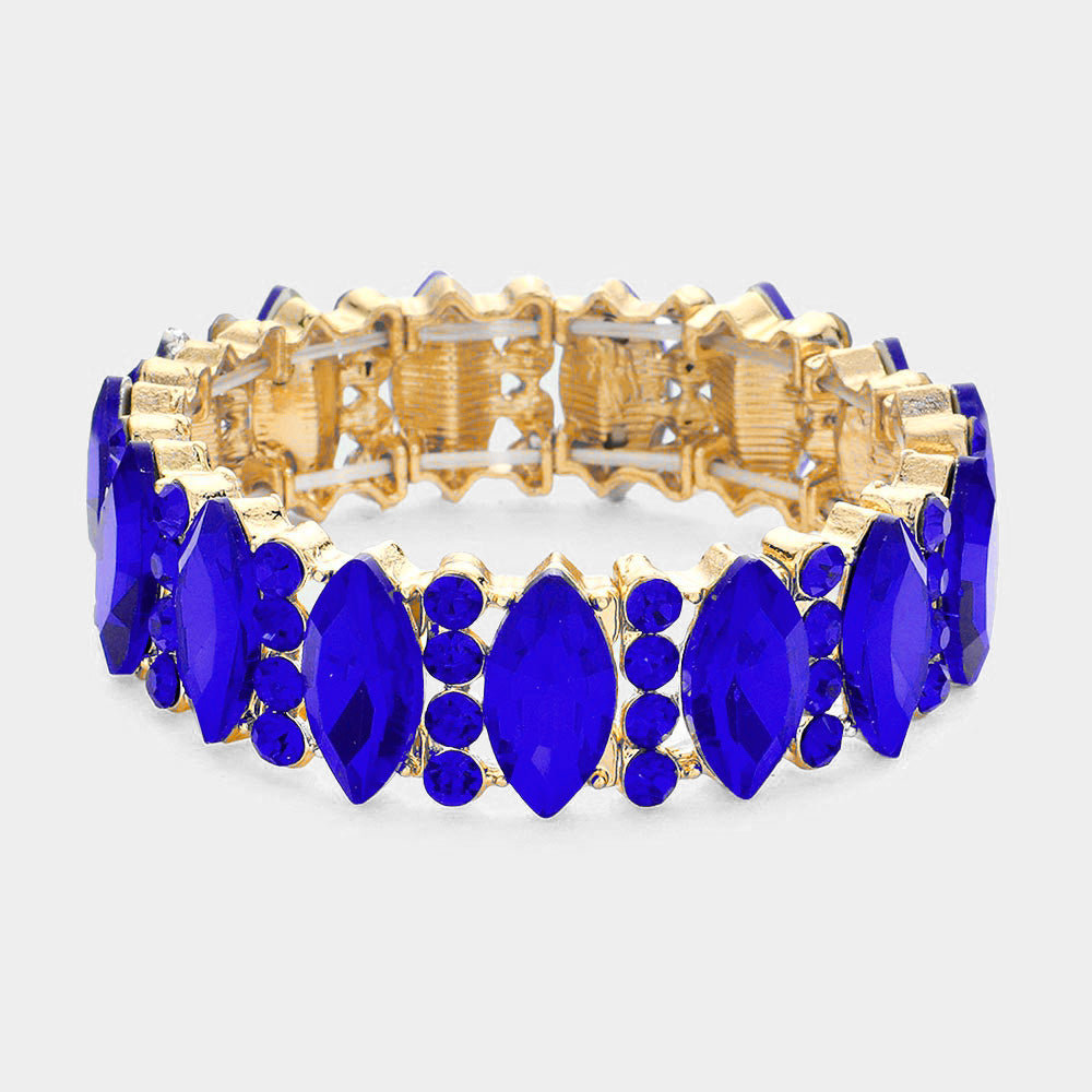 Sapphire Marquise Stone with Rhinestone Accents Stretch Pageant Bracelet  | Prom Jewelry